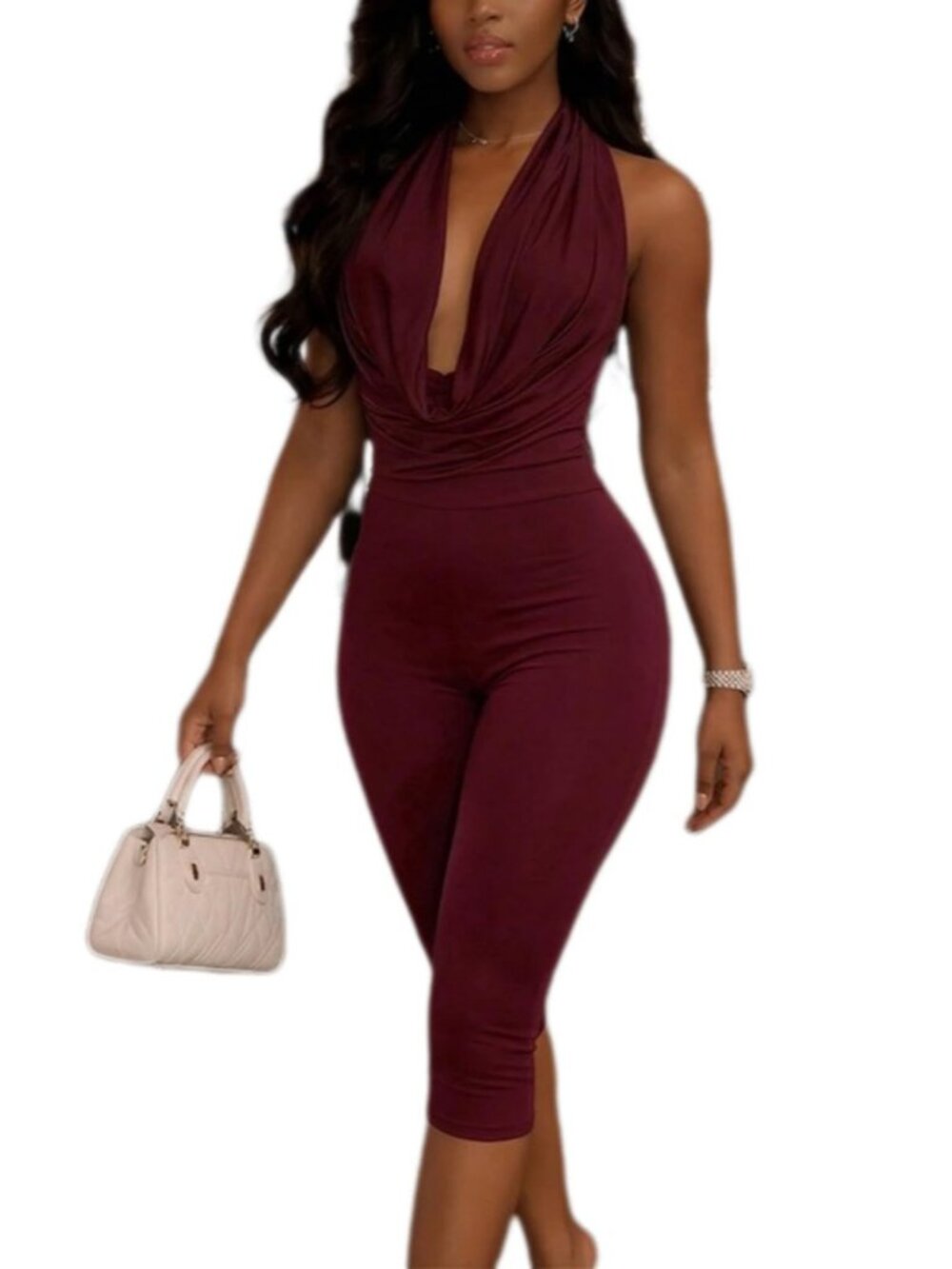 Jumpsuits for Women Sexy Backless Deep V Neck Halter Jumpsuit Bodycon Capri